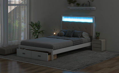 Full Platform Bed with LED Headboard White