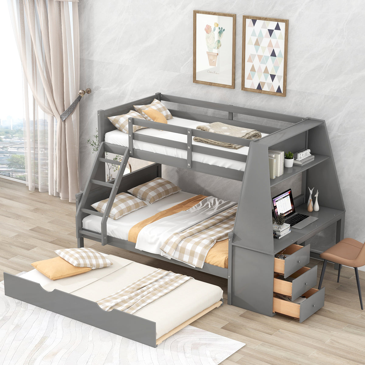 Full Bunk Bed with Desk Gray