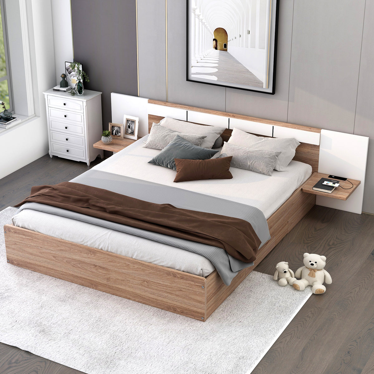 Queen Platform Bed with USB Ports Natural
