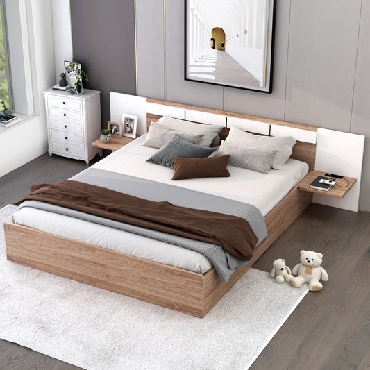 Queen Platform Bed with USB Ports Natural