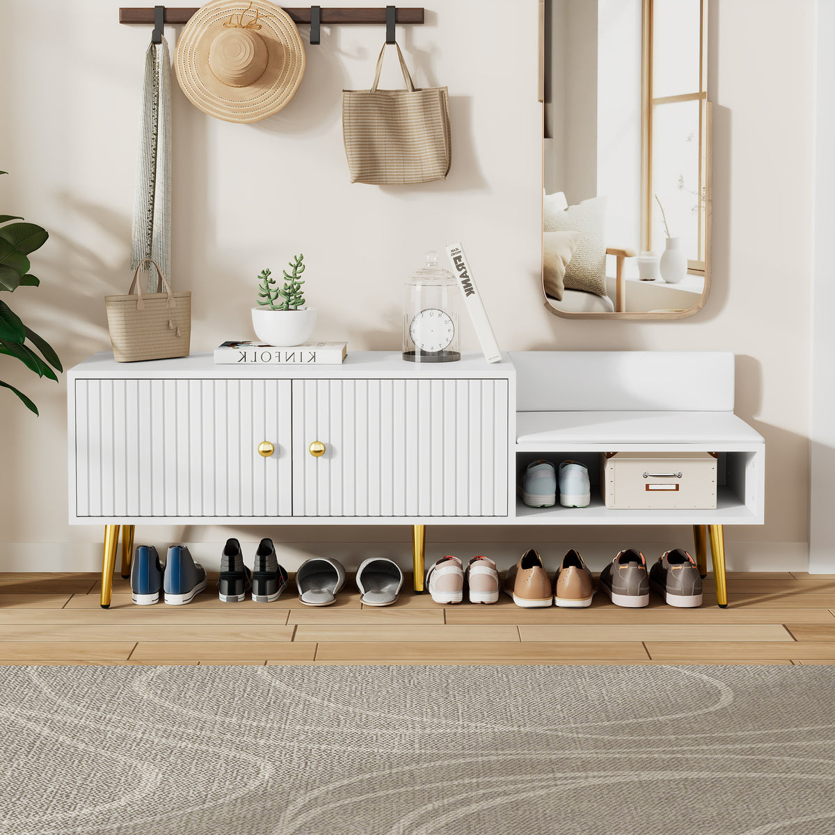 Modern White Shoe Storage Bench with Hidden Upholstered Seat
