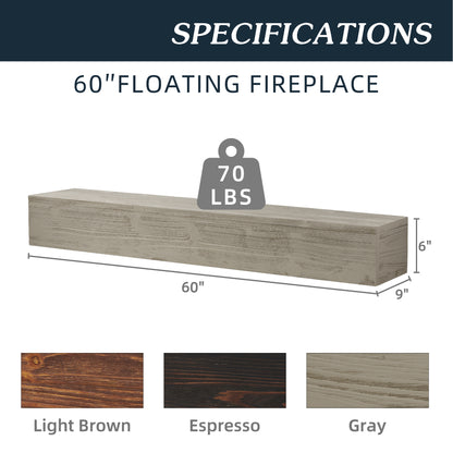 60-Inch Rustic Wood Floating Fireplace Mantel Gray