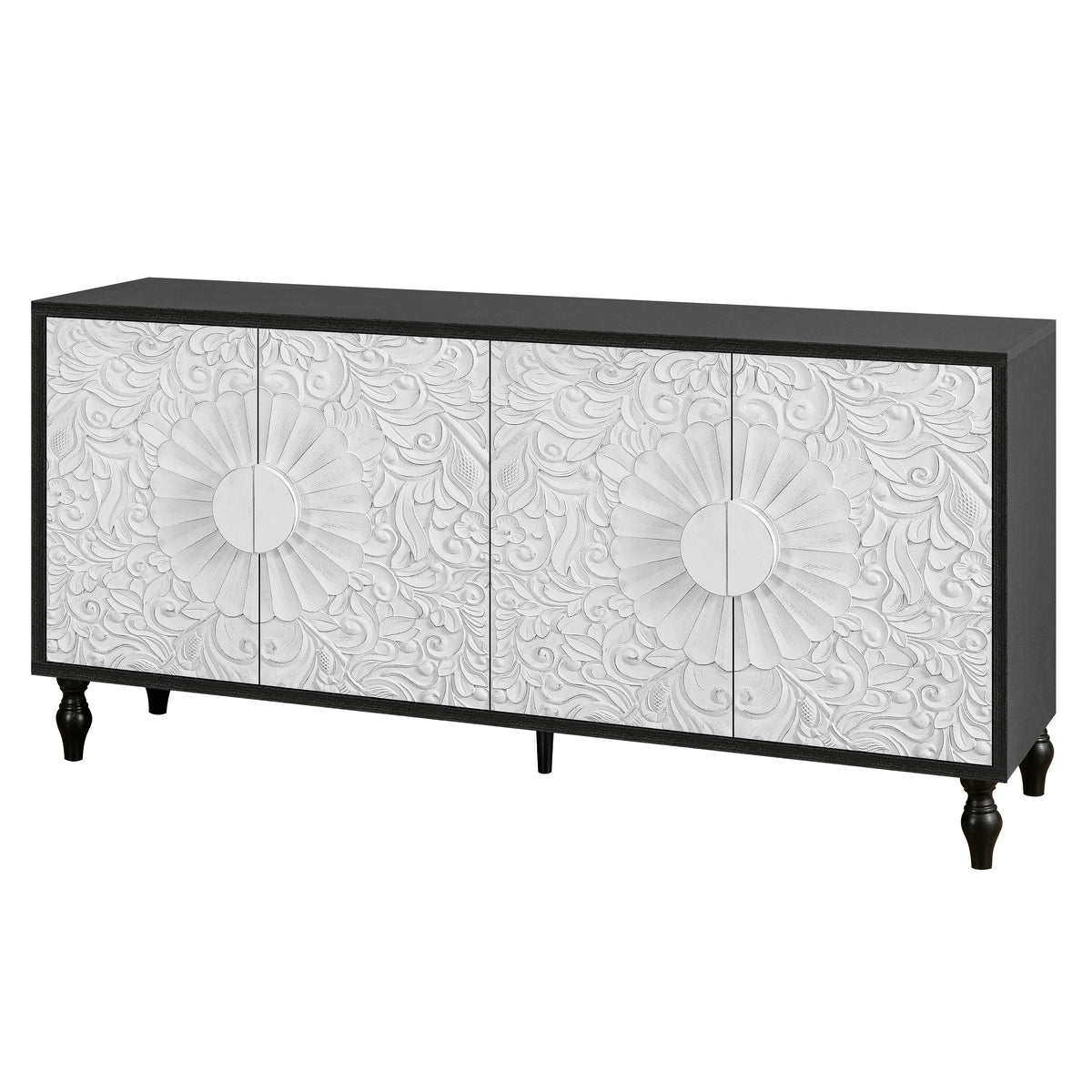 Vintage White Faceted Accent Cabinet with Black Frame