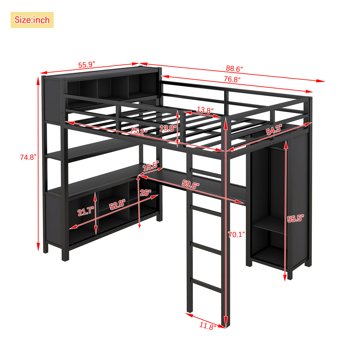 Metal L-Shaped Loft Bed – Black