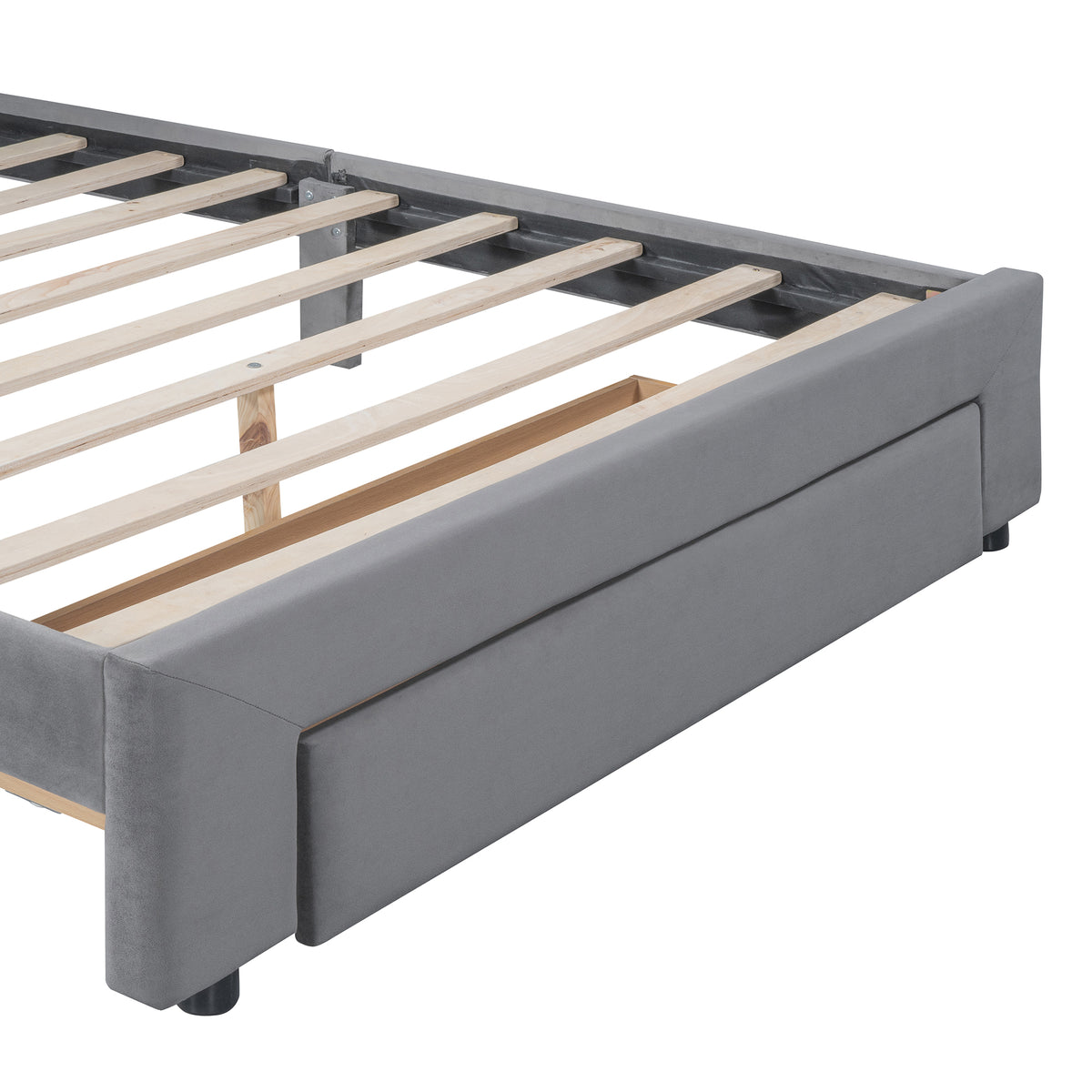 Velvet Platform Bed with Storage Drawer Gray
