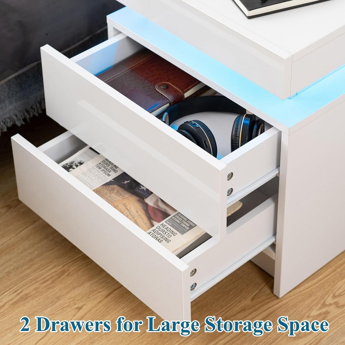 White LED Nightstand with Storage Drawers