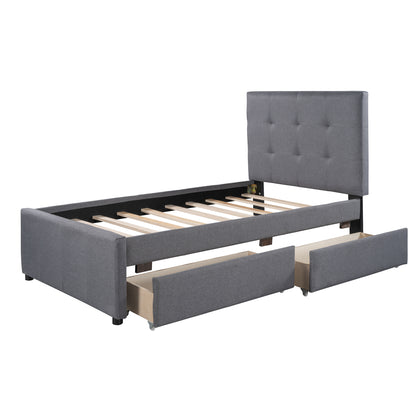 Linen Platform Bed with Headboard Twin
