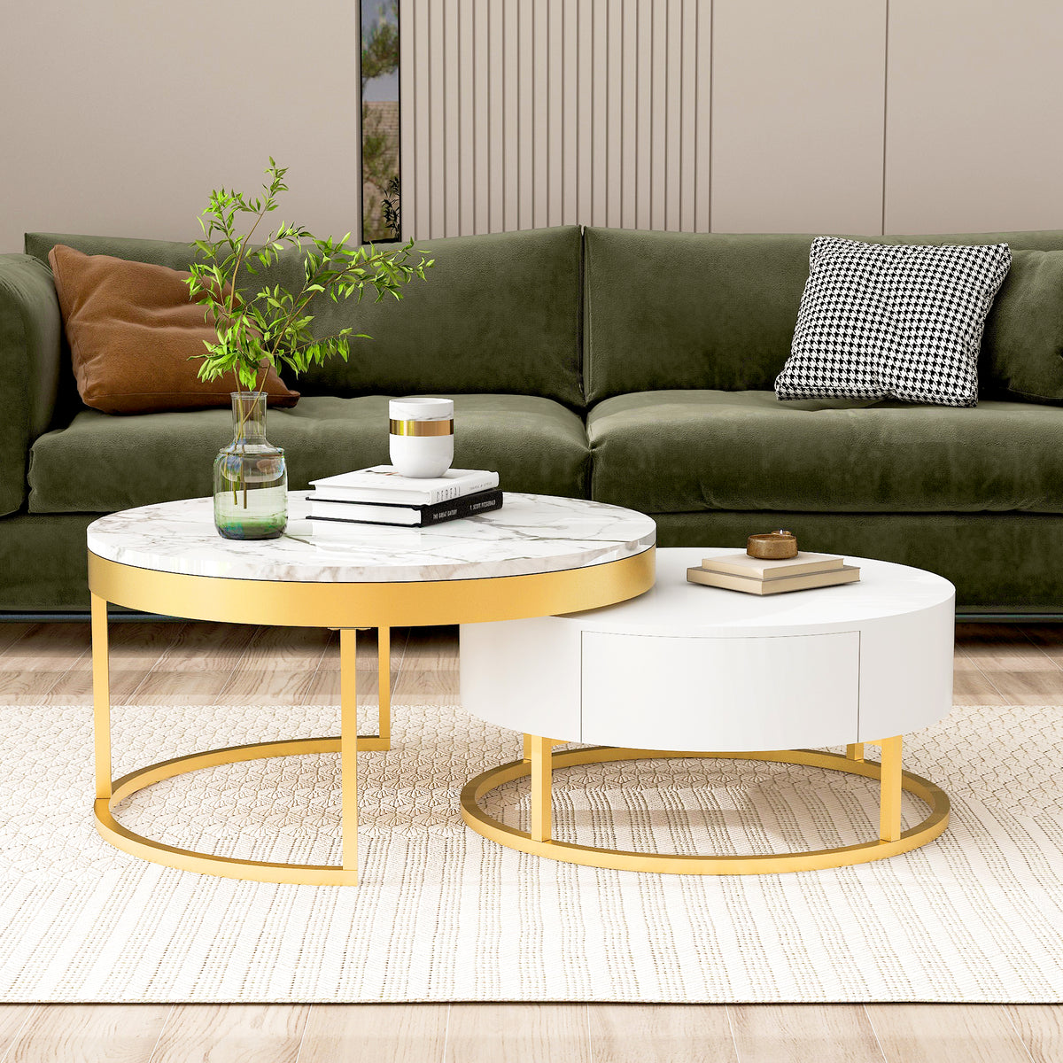 Round Nesting Coffee Table Set White Marble
