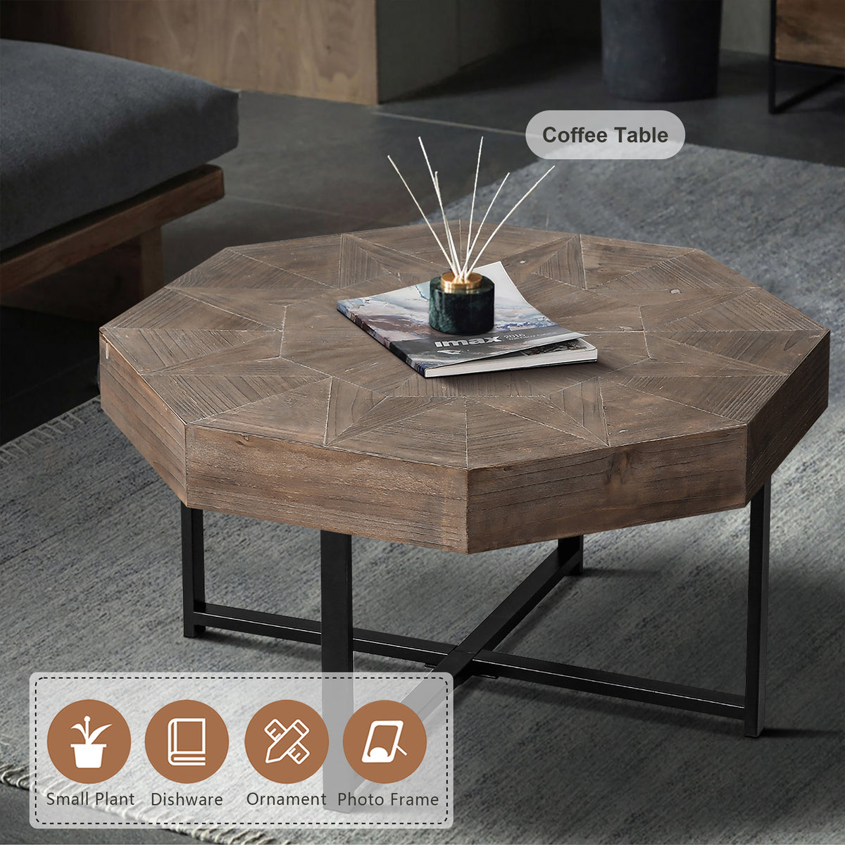 Octagonal Coffee Table with Cross Metal Base Brown