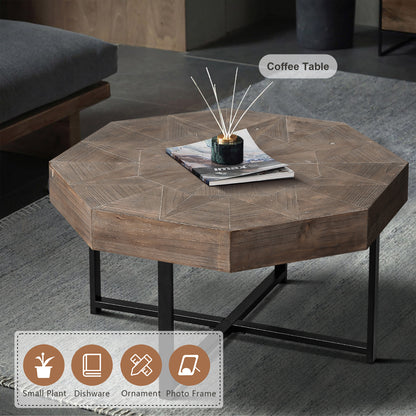 Octagonal Coffee Table with Cross Metal Base Brown