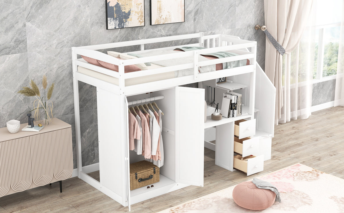 Loft Bed with Wardrobe and Storage Drawers White
