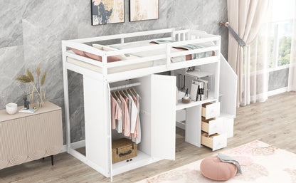 Loft Bed with Wardrobe and Storage Drawers White