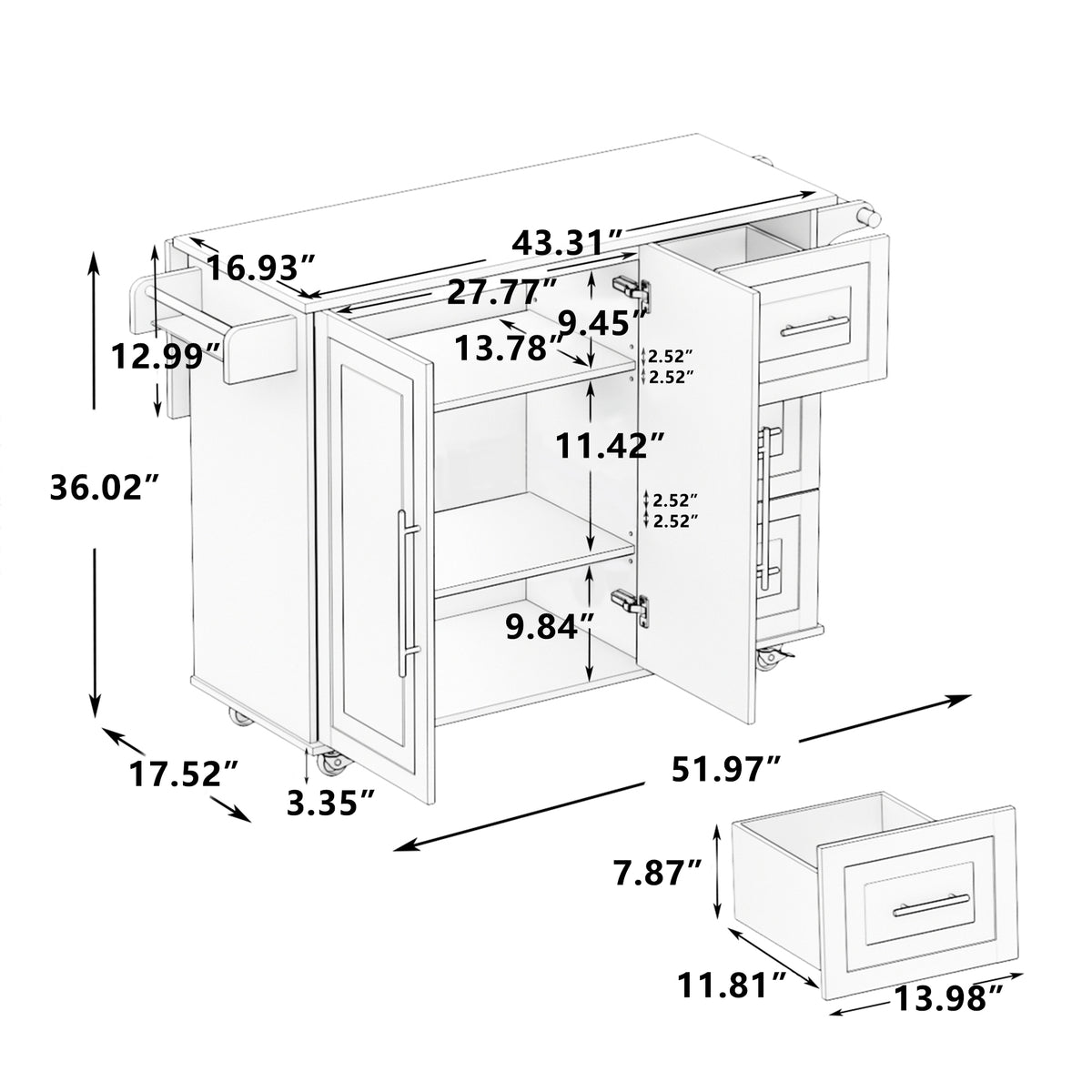 Mobile Kitchen Island with Drawers and Rack White