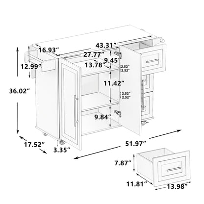 Mobile Kitchen Island with Drawers and Rack White