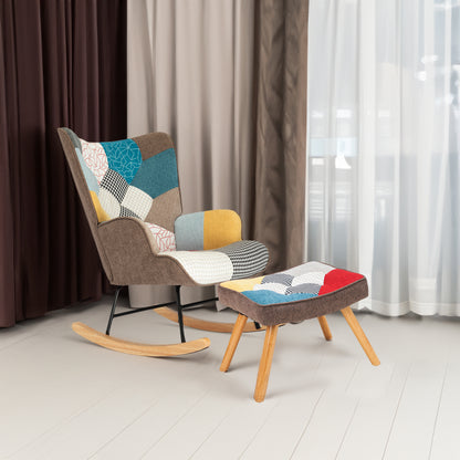 Mid-Century Rocking Chair with Ottoman – Patchwork Linen