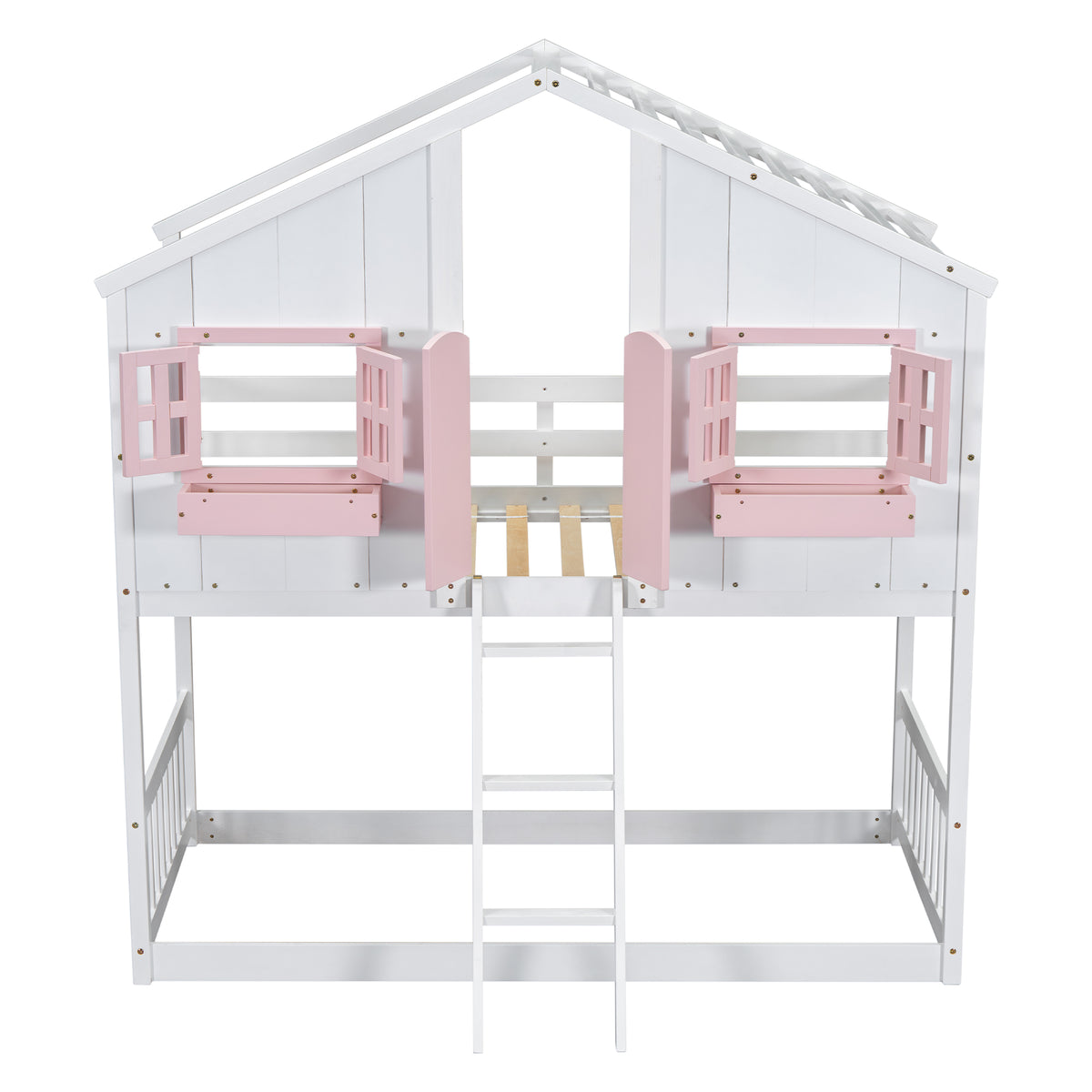 Twin House Bunk Bed with Ladder Pink White