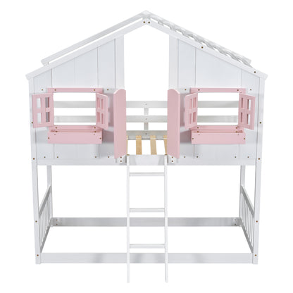 Twin House Bunk Bed with Ladder Pink White
