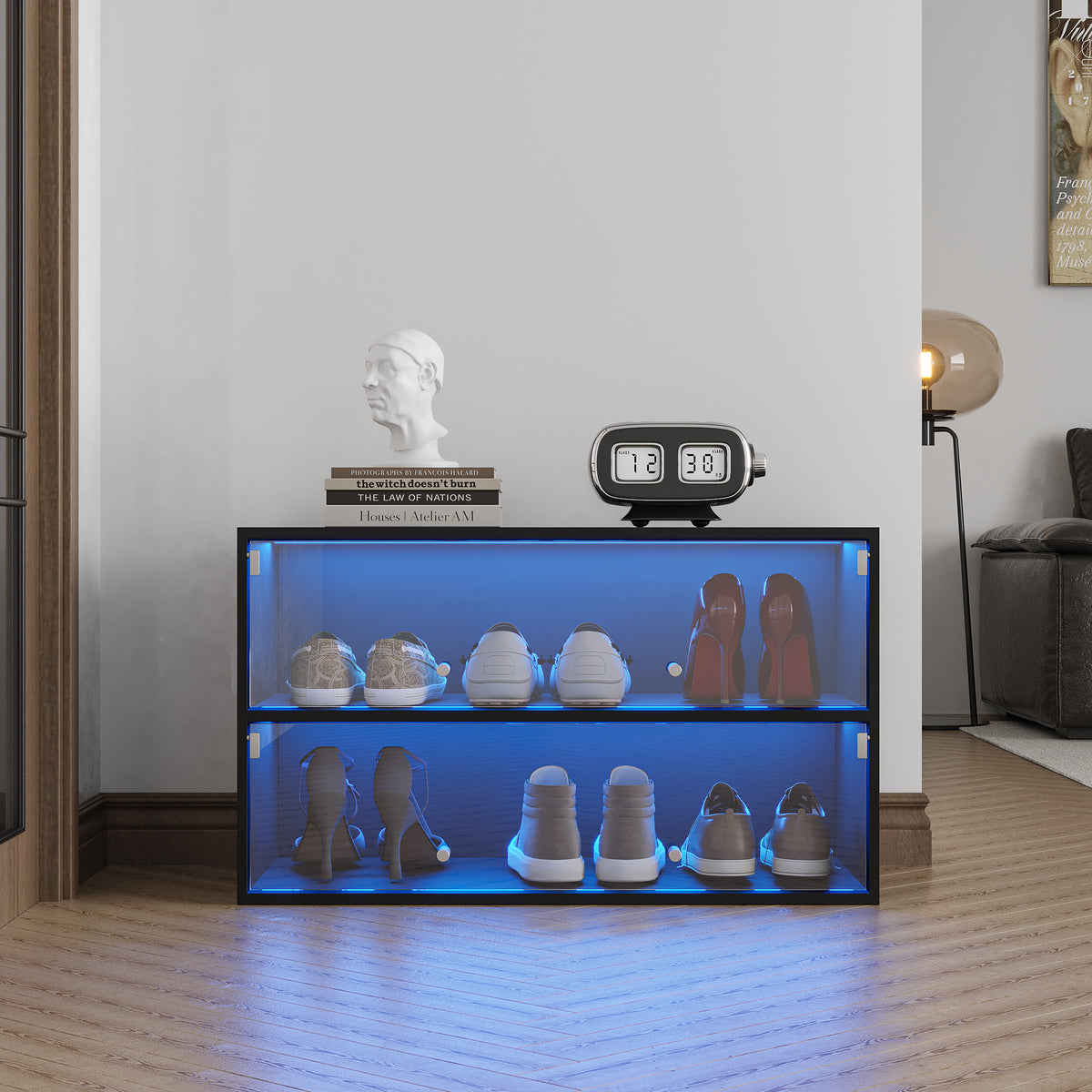 Black Glass Shoe Cabinet with RGB LED Illumination