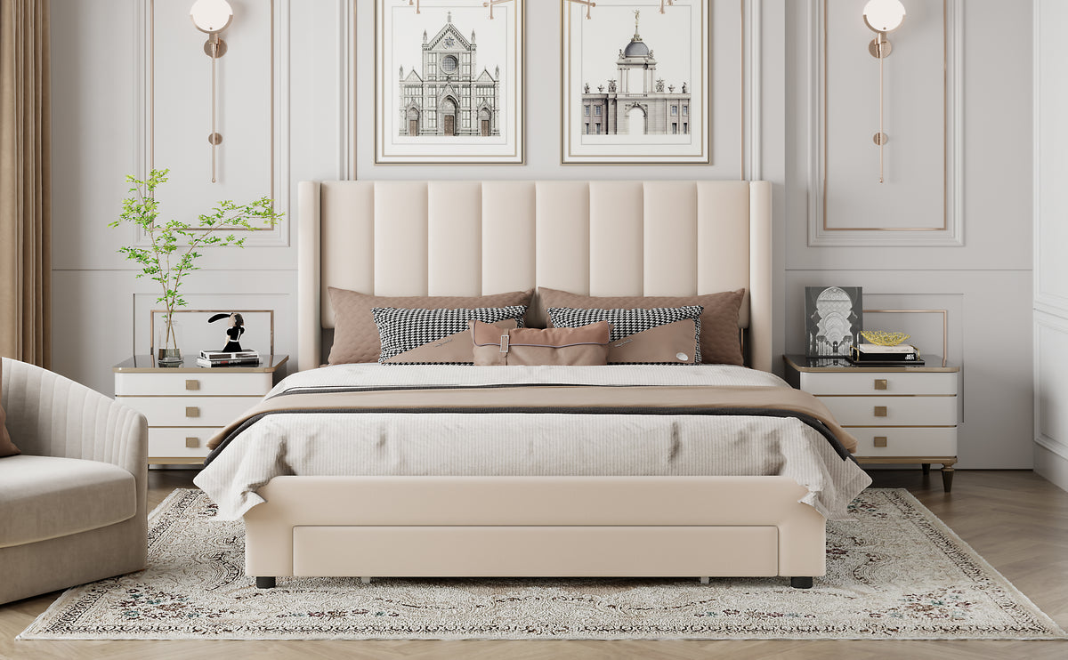 Queen Velvet Storage Bed Beige