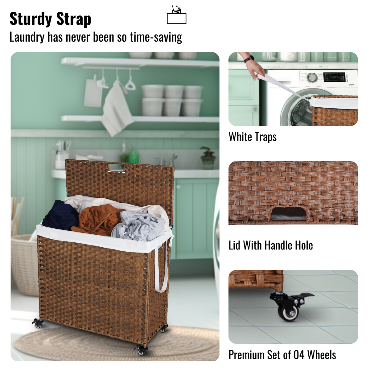 Brown Laundry Hamper with Lid and Wheels