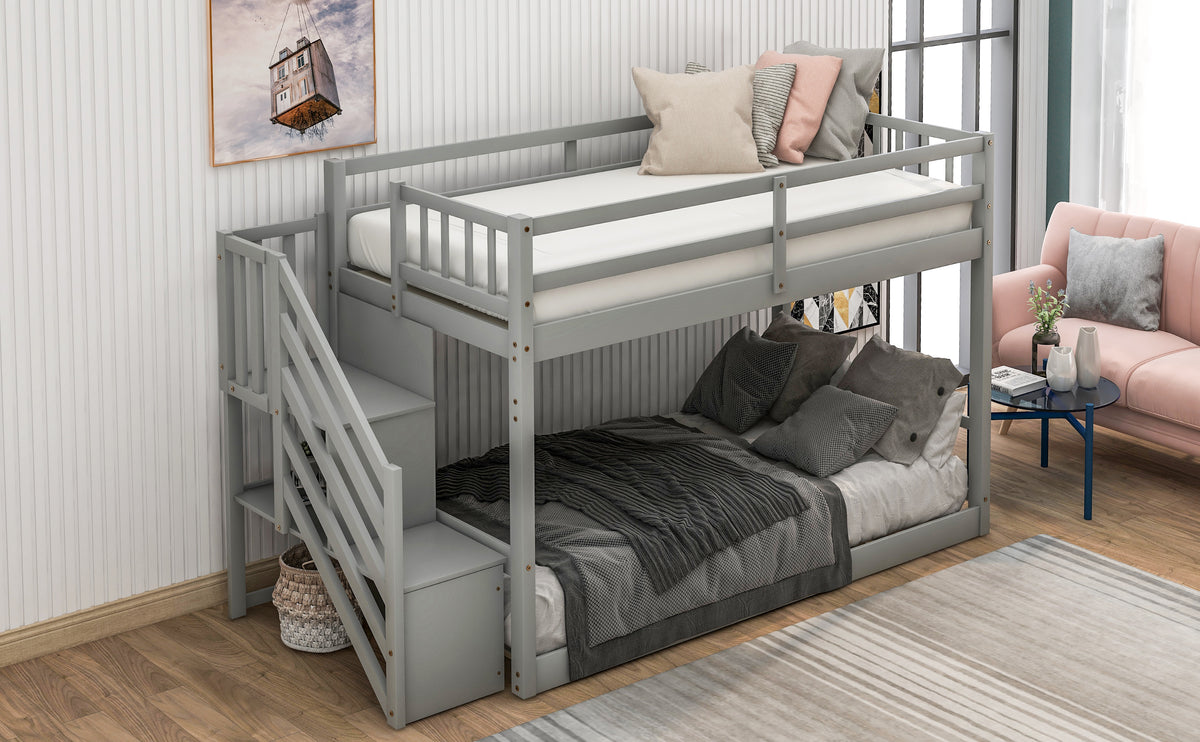 Twin Floor Bunk Bed with Ladder Gray