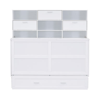 Queen Murphy Bed with Bookcase Storage – White