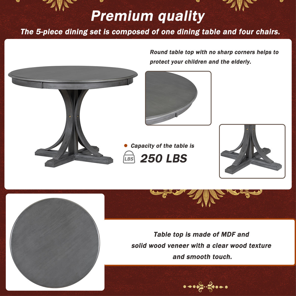 Dark Gray 5-Piece Round Dining Set – Solid Wood Table with Upholstered Chairs
