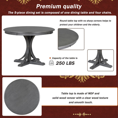 Dark Gray 5-Piece Round Dining Set – Solid Wood Table with Upholstered Chairs