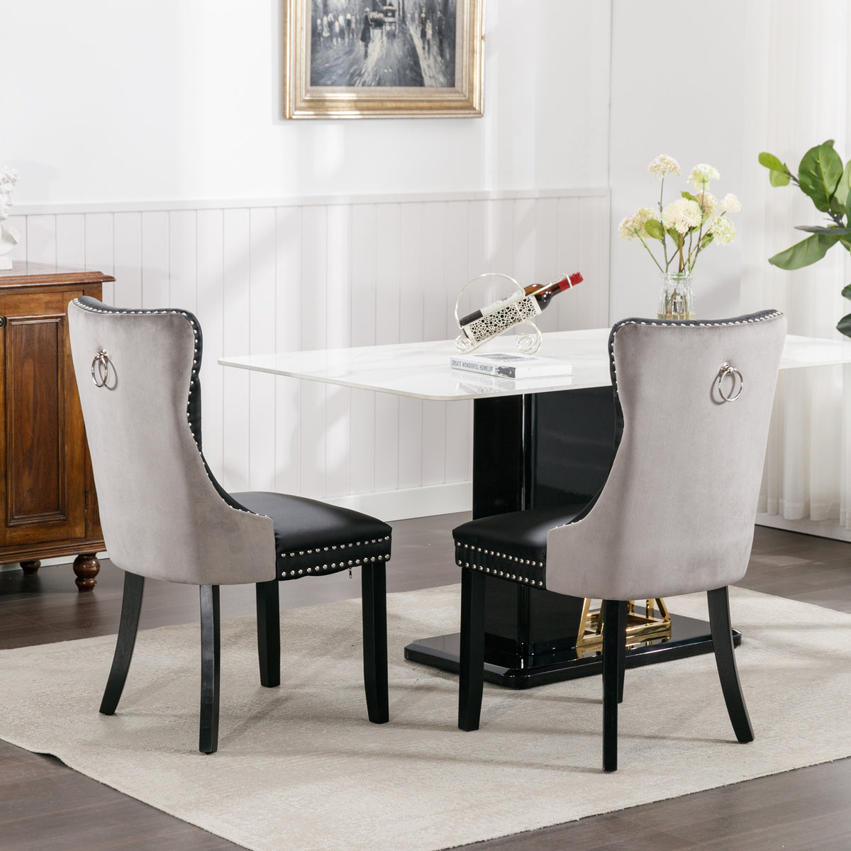 Tufted PU Dining Chairs Set of 2 Black Gray