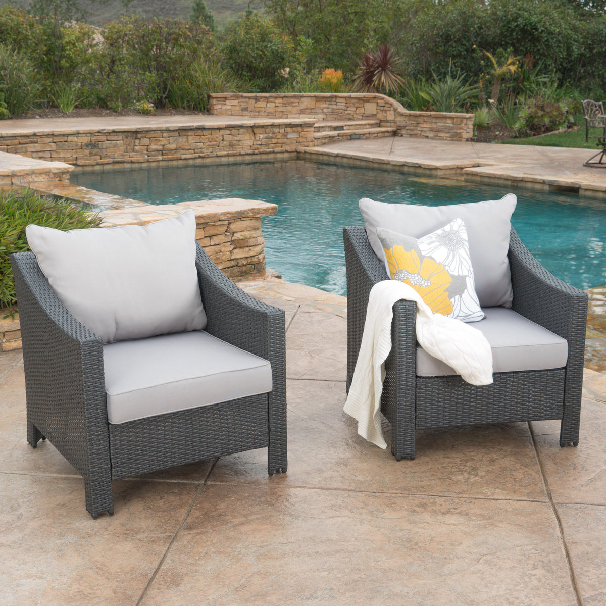 Grey PE Wicker Outdoor Club Chairs – Set of 2 with Cushions