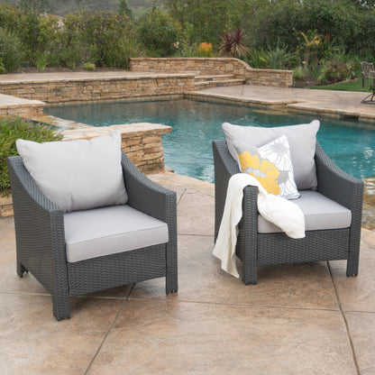 Grey PE Wicker Outdoor Club Chairs – Set of 2 with Cushions