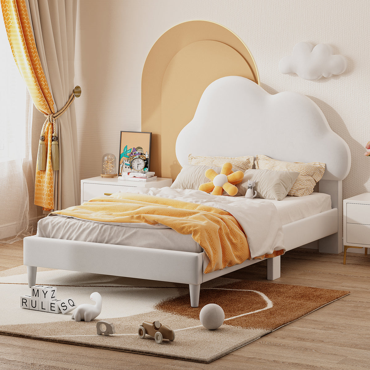 Twin Velvet Platform Bed with Headboard Beige