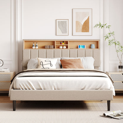 Queen Linen Platform Bed with Storage Beige