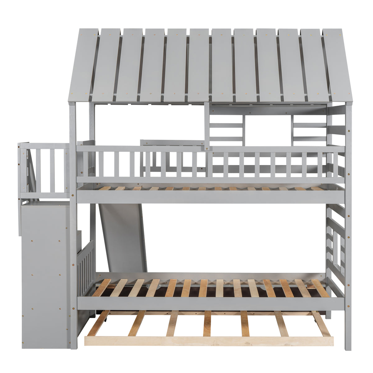 Twin Bunk Bed with Roof and Ladder Gray