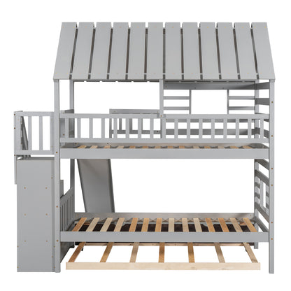 Twin Bunk Bed with Roof and Ladder Gray