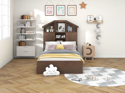 Twin Platform Bed with Storage Drawers Walnut