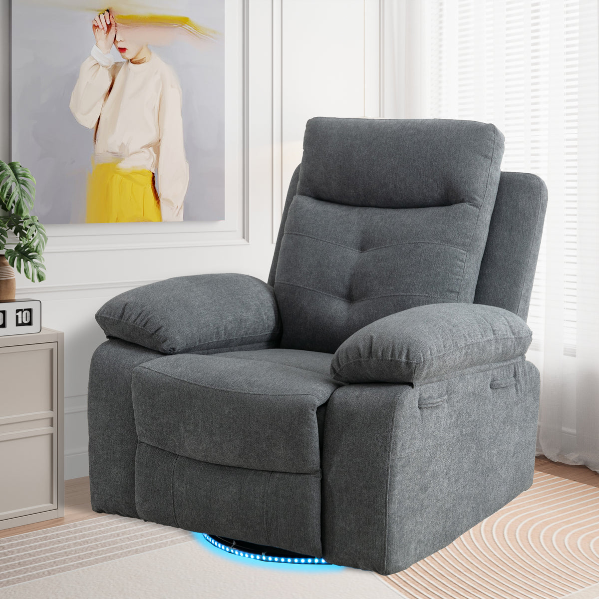 Light Gray 270° Swivel Power Recliner Chair – Linen Upholstery with Bluetooth, LED, USB Charging & Storage