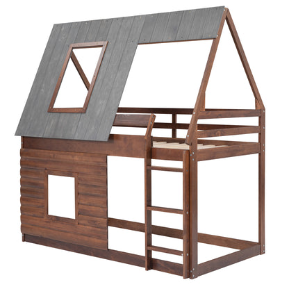 Twin Bunk Bed with Roof Windows Gray