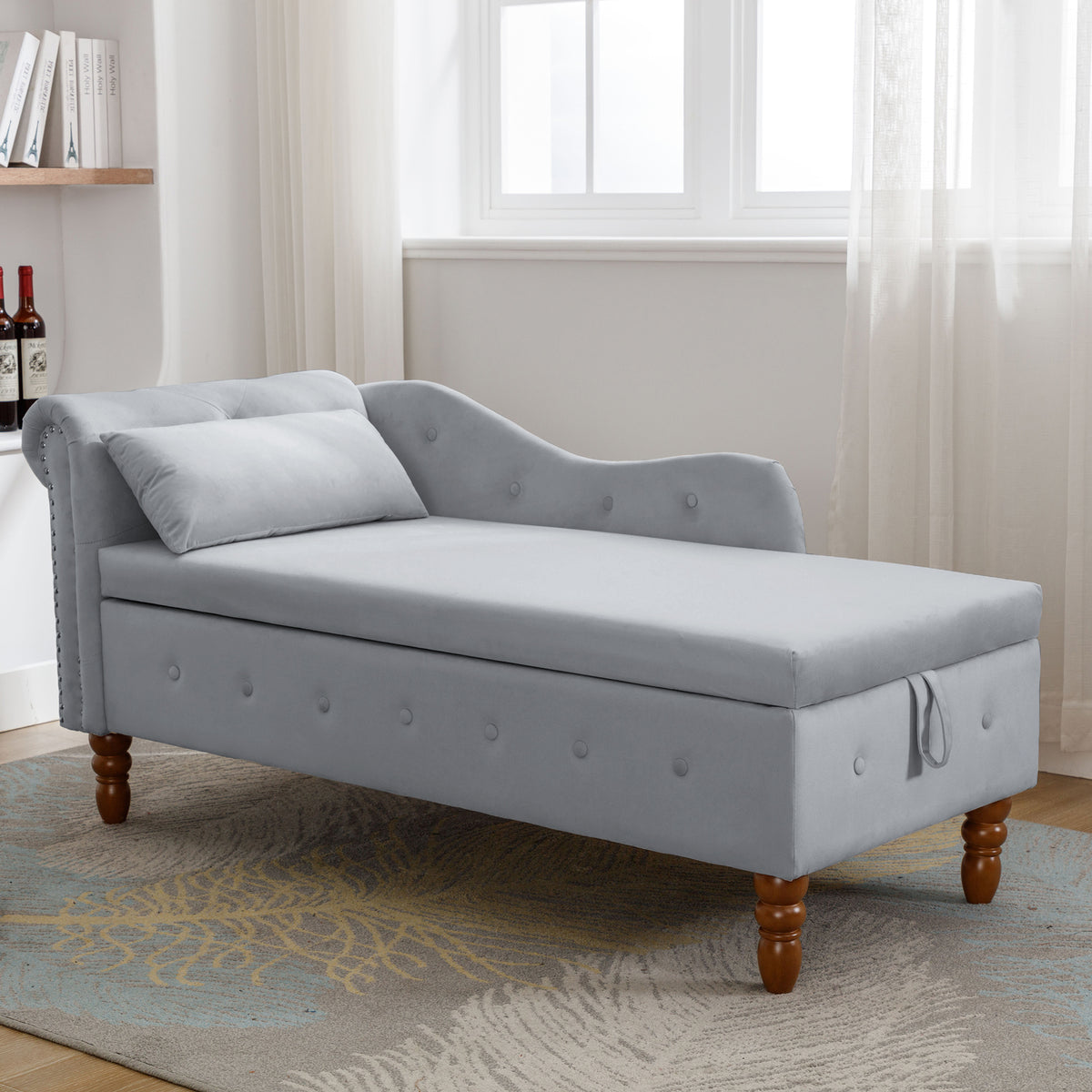 Grey Velvet Lounge Chaise – Modern Roll Arm