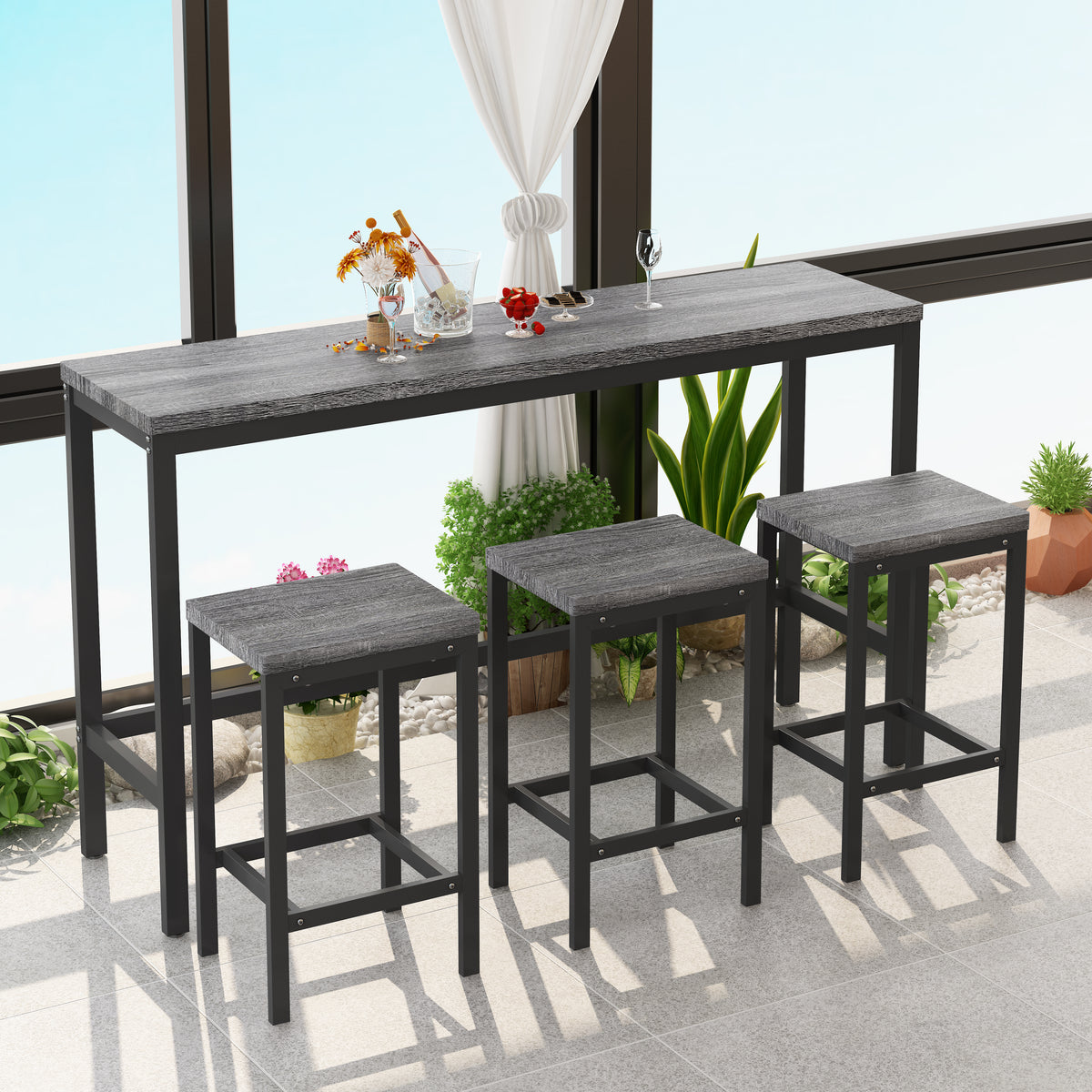 Modern Pub Table with 3 Stools Gray Finish