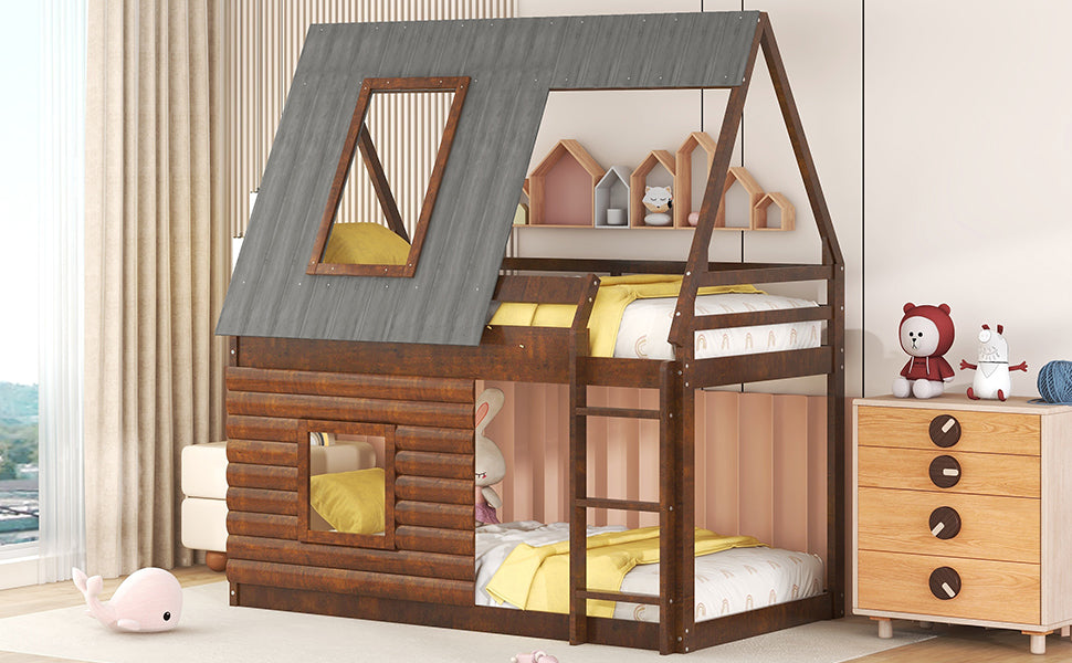 Twin Bunk Bed with Roof Windows Gray