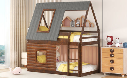 Twin Bunk Bed with Roof Windows Gray