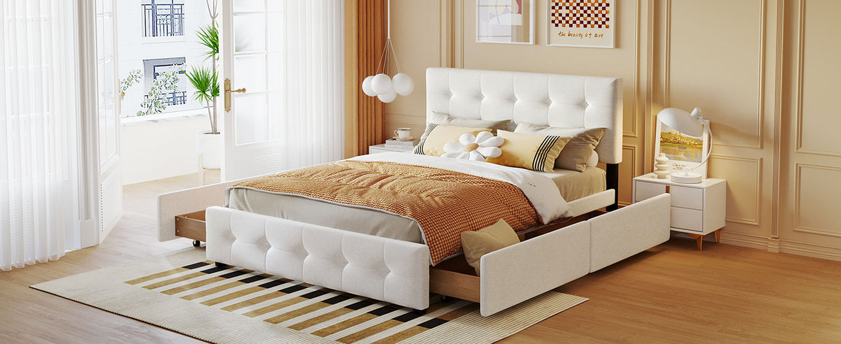 Upholstered Platform Bed Queen Linen