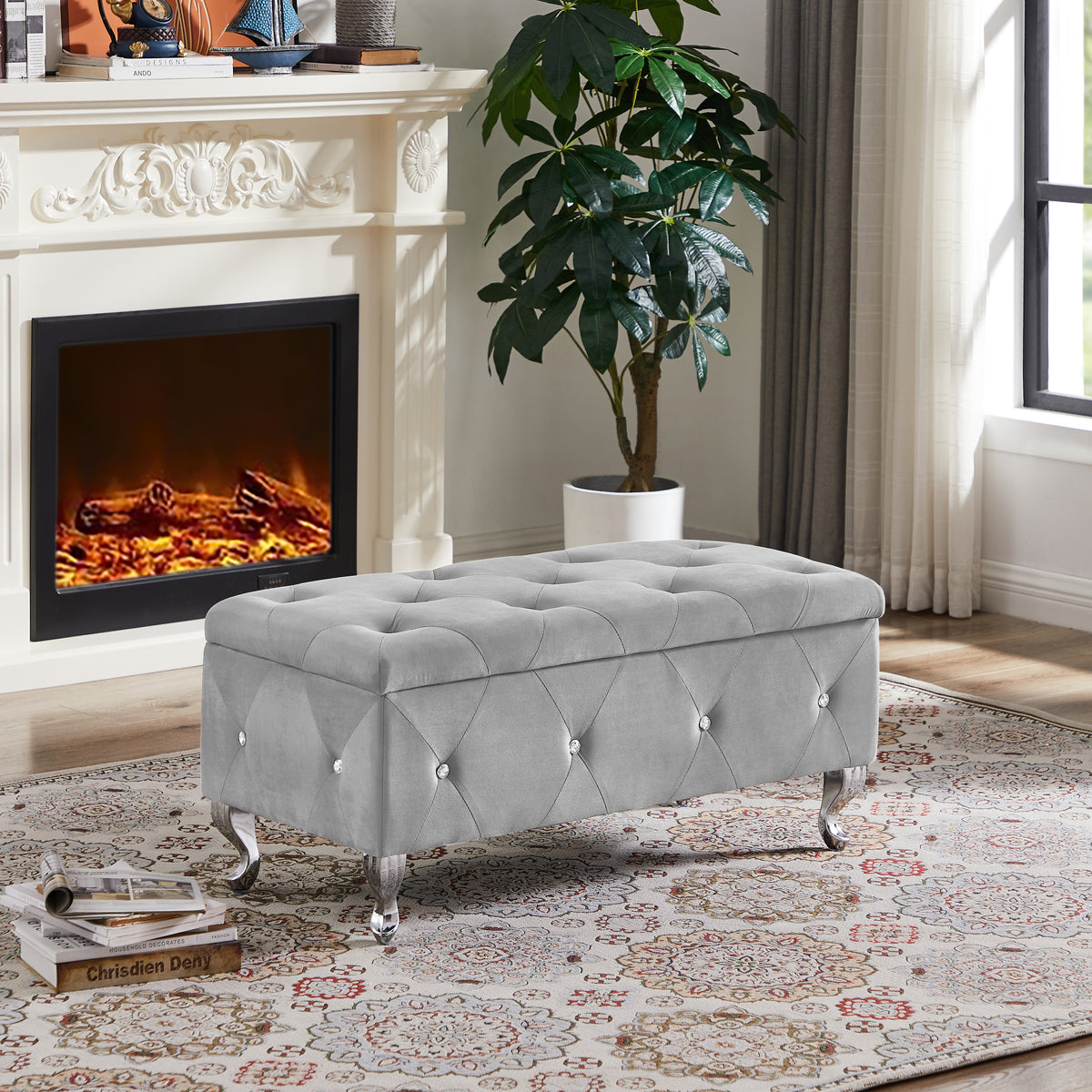 Flip-Top Storage Bench with Velvet Seat Gray