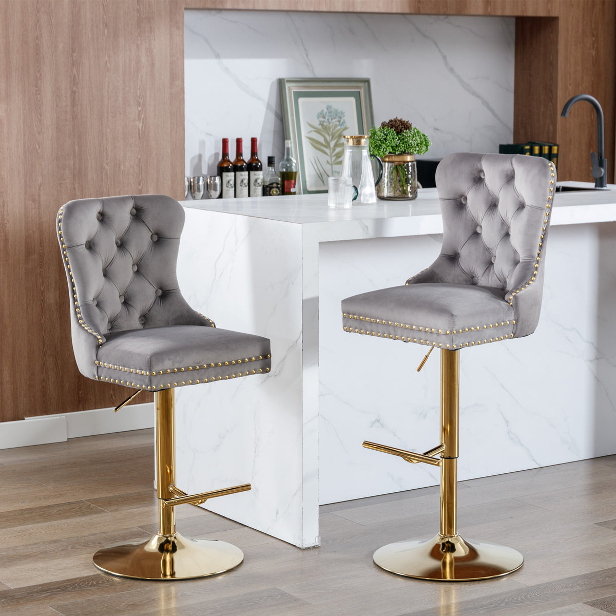 Adjustable Velvet Bar Stool Set of 2 Gray