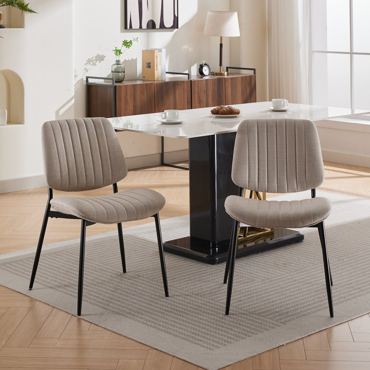 Beige 2-Piece Linen Dining Chair Set – Modern Retro Bentwood Back with Metal Legs
