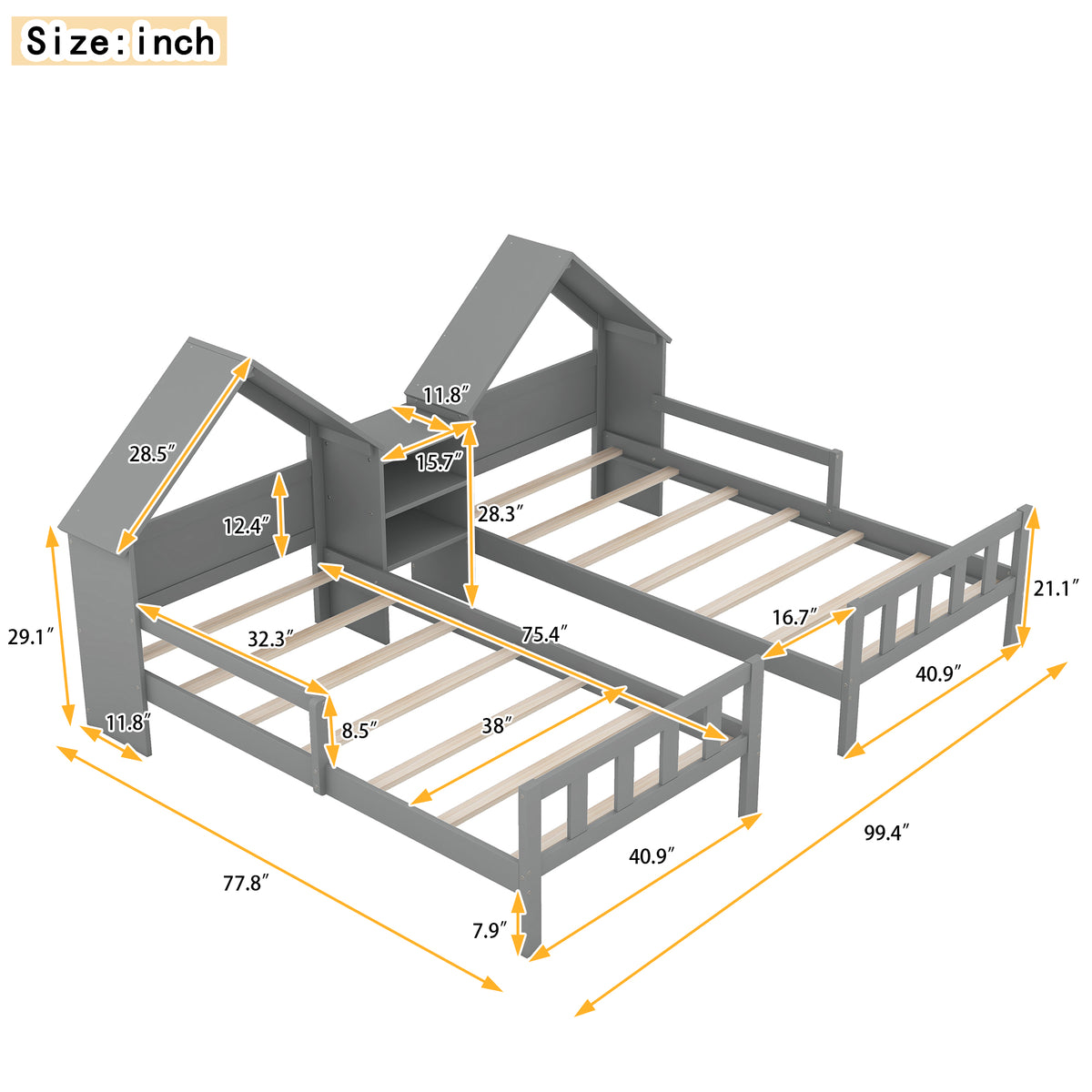 Double Twin Platform Bed Gray