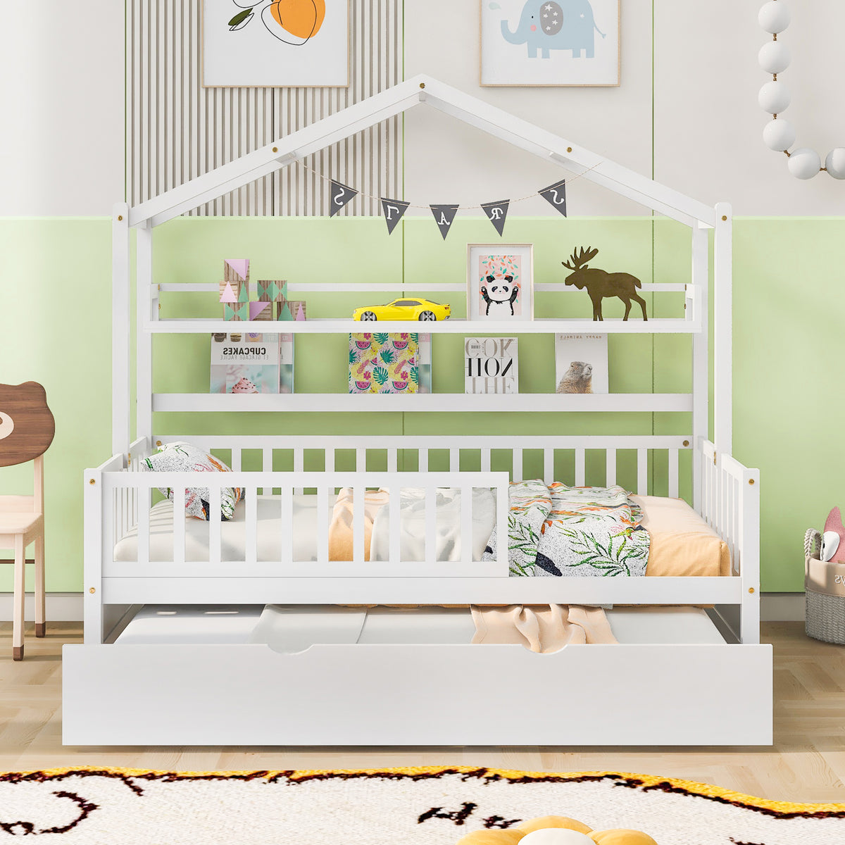 Twin House Bed with Trundle White