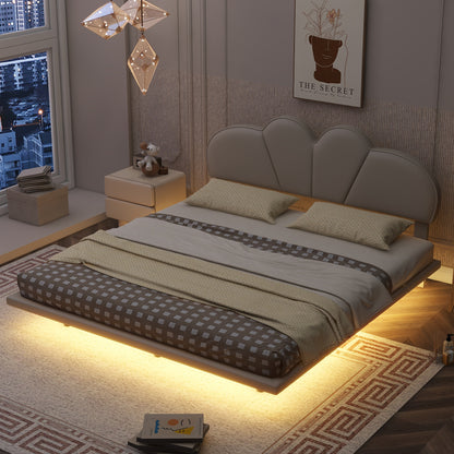 Upholstered Queen Bed with PU Headboard Beige
