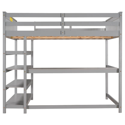 Full-Size Loft Bed with Desk and Drawers Gray